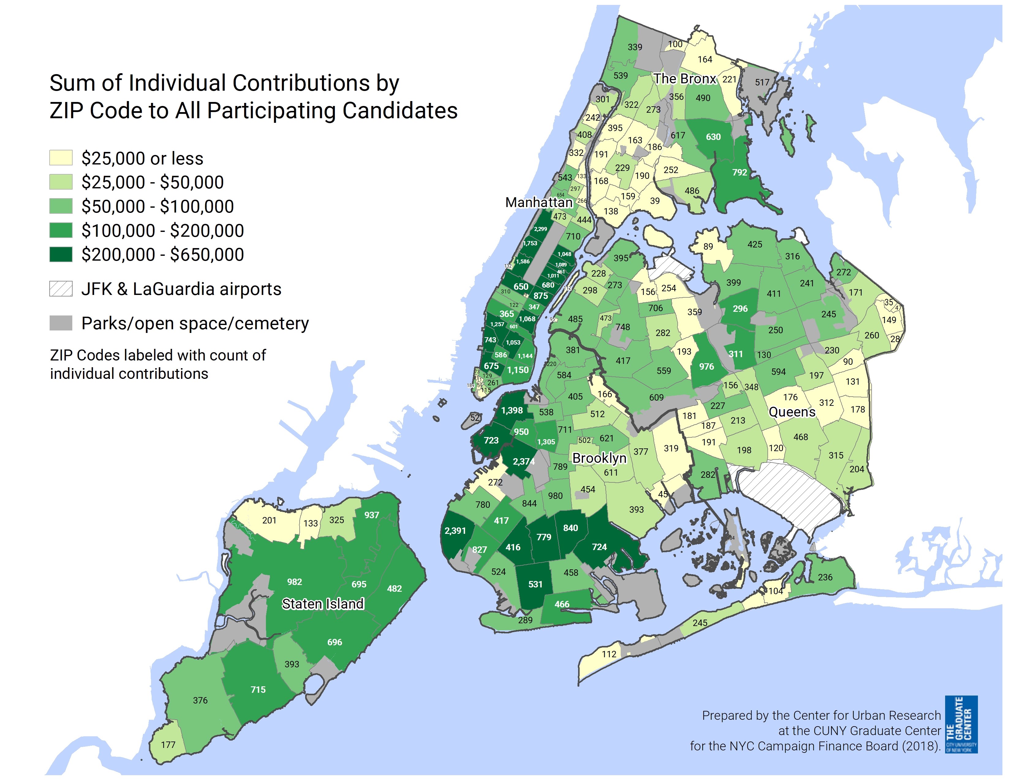 Map of New York showing the sum of all indicual contributions by ZIP Code to participating candidates